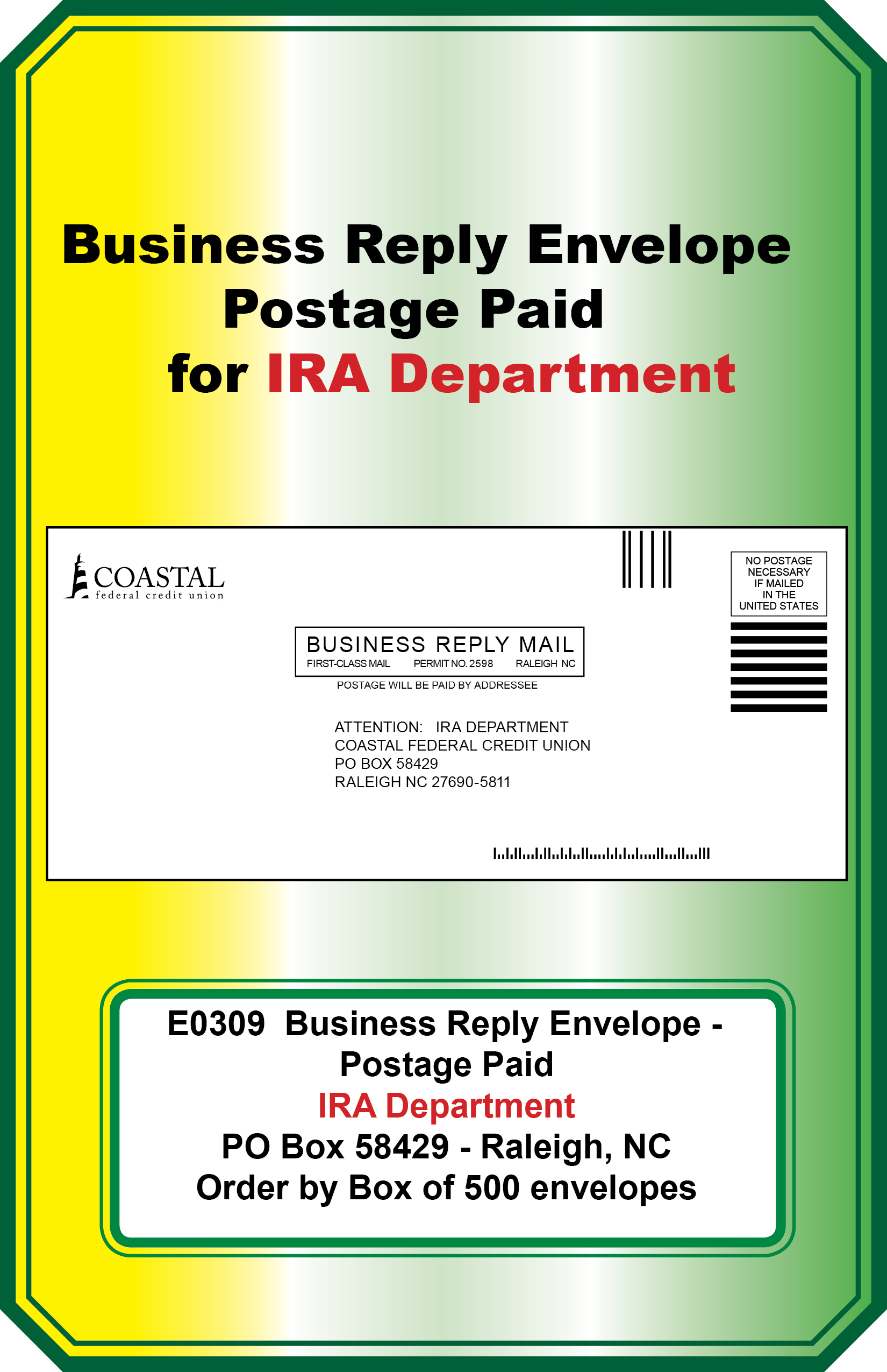 Business Reply Envelope (IRA Department)** <b>Order By:Box of 500 envelopes<b>